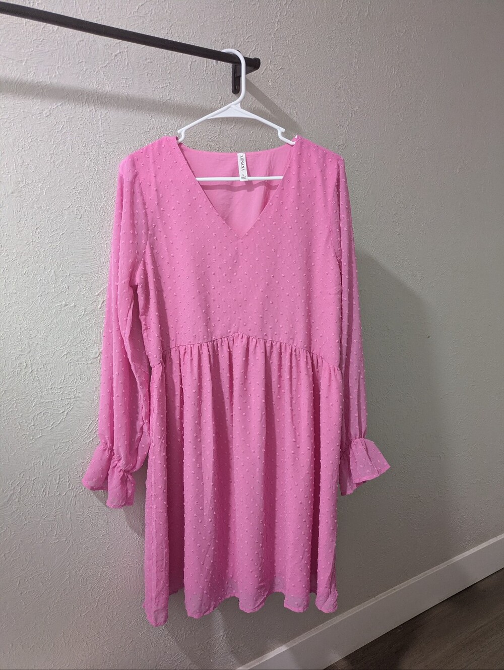Zenana Outfitters Pink Swiss Dot V-Neck Long Sleeve Dress